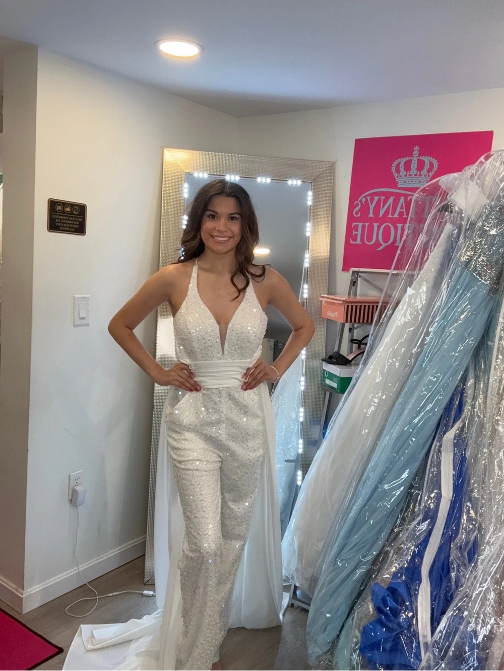 White Sequin Halter Jumpsuit with Draped Waist Sash